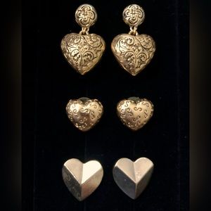 Vintage gold tone heart earring lot- 3 pairs stud etched design, AVON drop style